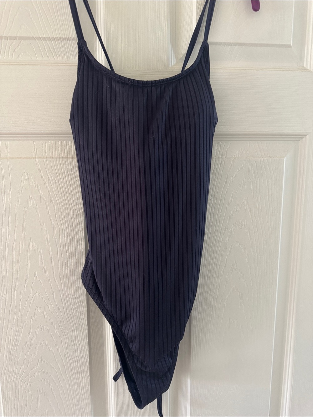 Cupshe Navy ribbed one piece, open lower back, criss cross straps, high cut
